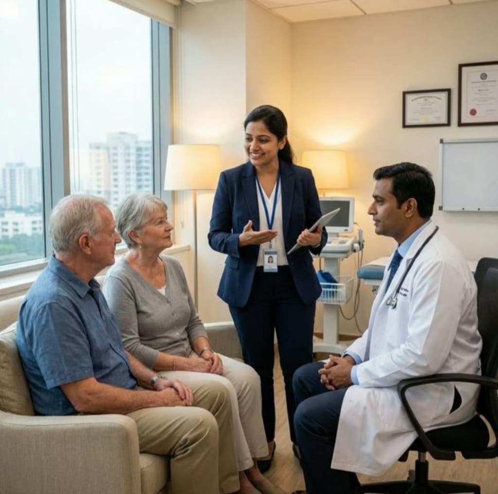 Medical consultation with senior specialist and international patient couple