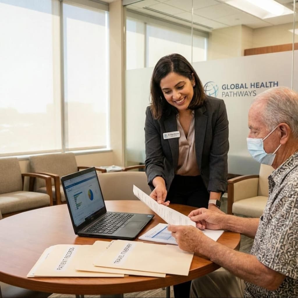 Healthcare coordinator reviewing itinerary and medical records