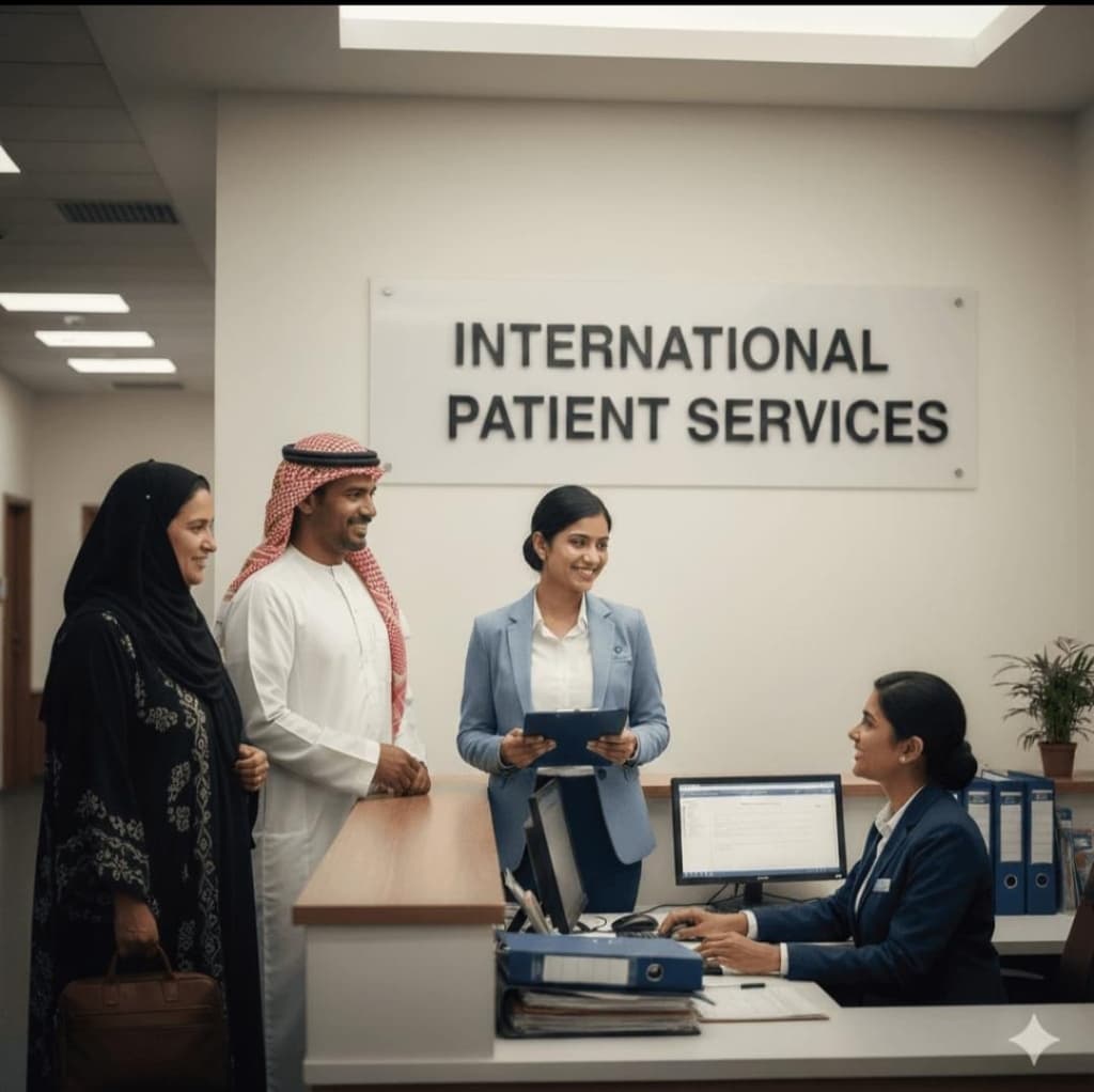 International Patient Services reception desk greeting international family