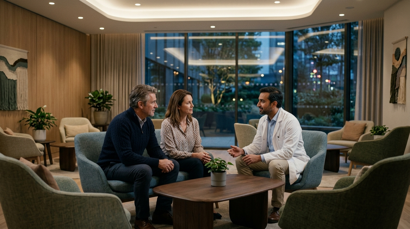International patients consulting with doctor in hospital lounge