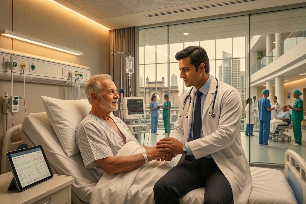 Doctor caring for patient in hospital room